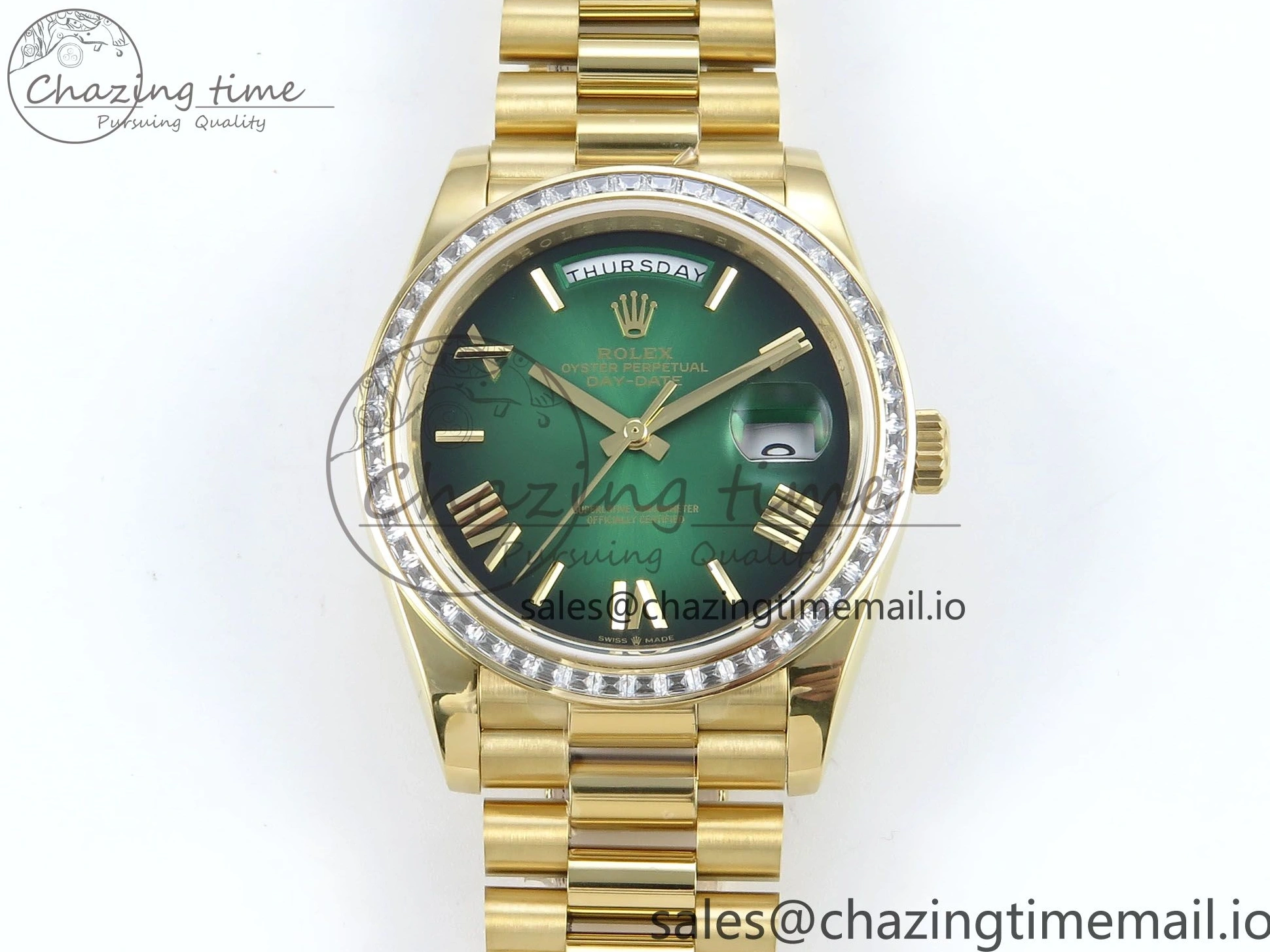 MiroTime 1224 TechFriendly DayDate 40 YG QF 1:1 Best Edition Green Black Dial Diamonds Bezel on President Bracelet A2836 V5 (Gain Weight) 490